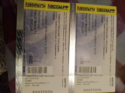 Два билета, соседние места на концерт певицы Слава