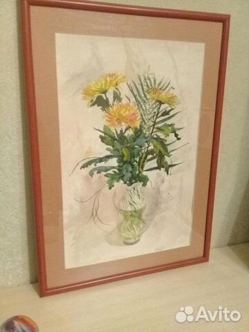 Картина акварель Букет цветов Хризантемы в вазе