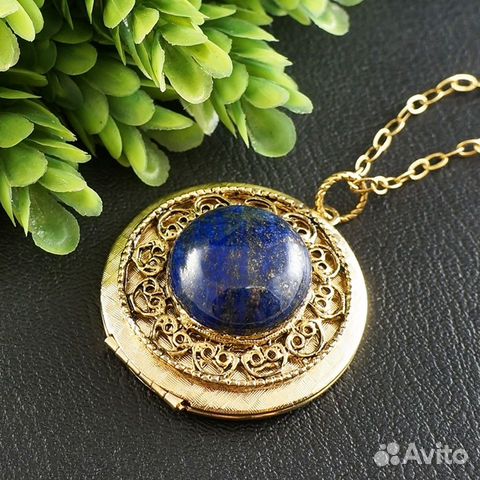 Медальон Кулон Лазурит Синий круглый antique gold