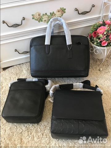 Coach большая чёрная мужская сумка кожа новая