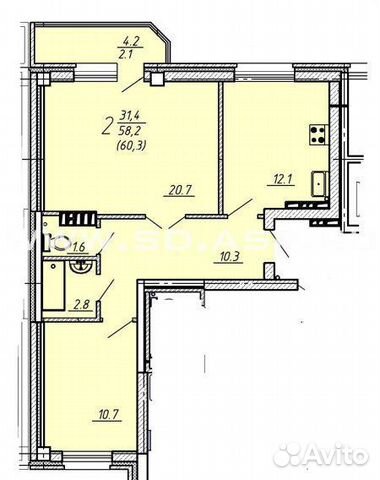 2-к квартира, 60.3 м², 7/9 эт.