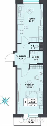 1-к квартира, 46.1 м², 6/9 эт. 1-к квартира, 46.1 м², 6/9 эт.