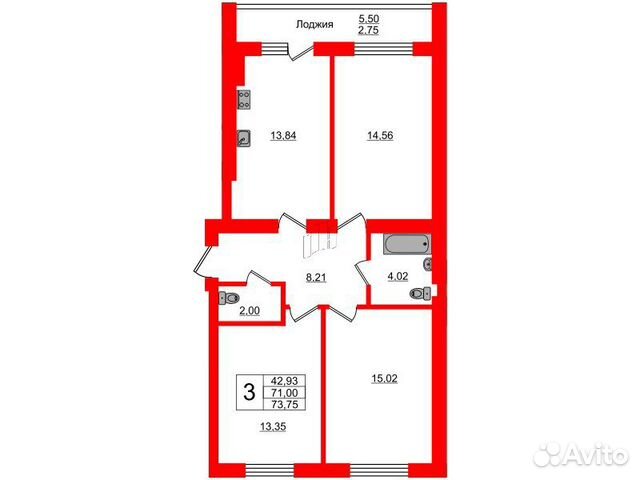 3-к квартира, 73.8 м², 4/7 эт.