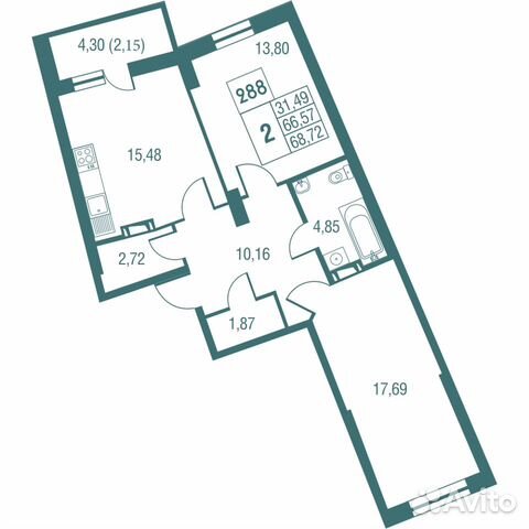 2-к квартира, 68.7 м², 14/25 эт.