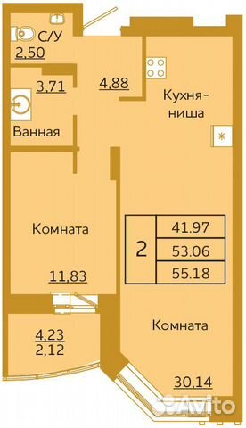 2-к квартира, 55.2 м², 5/18 эт. 2-к квартира, 55.2 м², 5/18 эт.