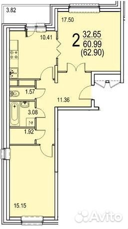 2-к квартира, 63 м², 3/22 эт.