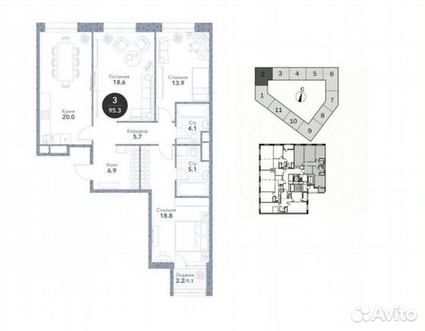 3-к квартира, 94.2 м², 3/19 эт.