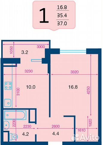 1-к квартира, 37 м², 7/9 эт.