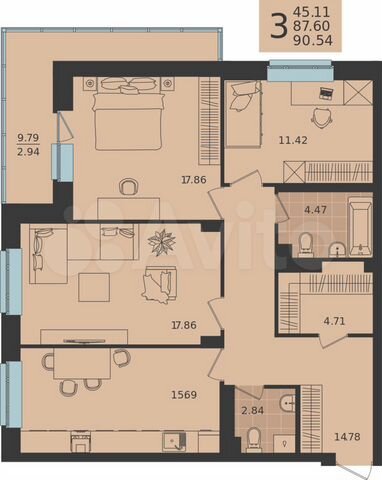 3-к. квартира, 90,5 м², 16/20 эт.