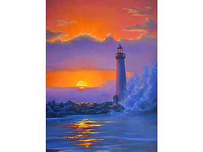Картина "Маяк на закате" Море маслом на холсте