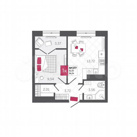 1-к. квартира, 34,2 м², 13/22 эт.