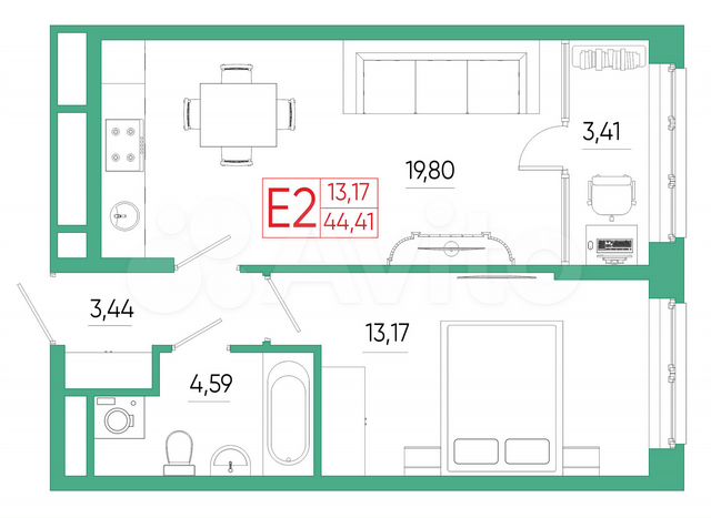 1-к. квартира, 44,4 м², 2/25 эт.
