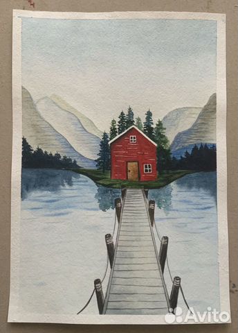 Картина (акварель). Домик на озере