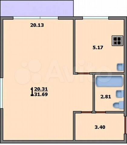 1-к. квартира, 29,4 м², 3/5 эт.