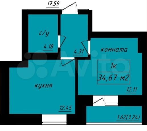 1-к. квартира, 34,7 м², 6/9 эт.