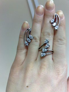 Серебряный комплект горный хрусталь, серьги кольцо