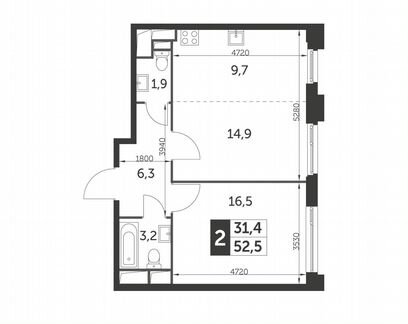 2-к квартира, 52.5 м², 18/26 эт.