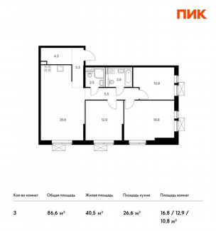 3-к квартира, 86.6 м², 22/33 эт.