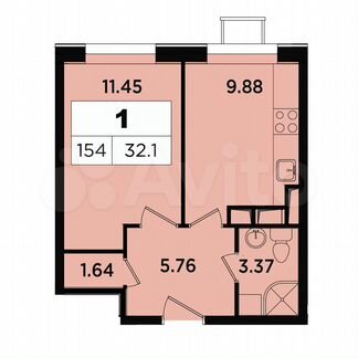 1-к апартаменты, 32.1 м², 12/18 эт.