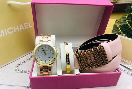 Розовый женский набор Michael Kors часы + ремень