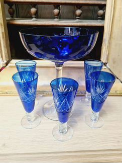 Старинная ваза - фруктовница с рюмками, кобальт цв